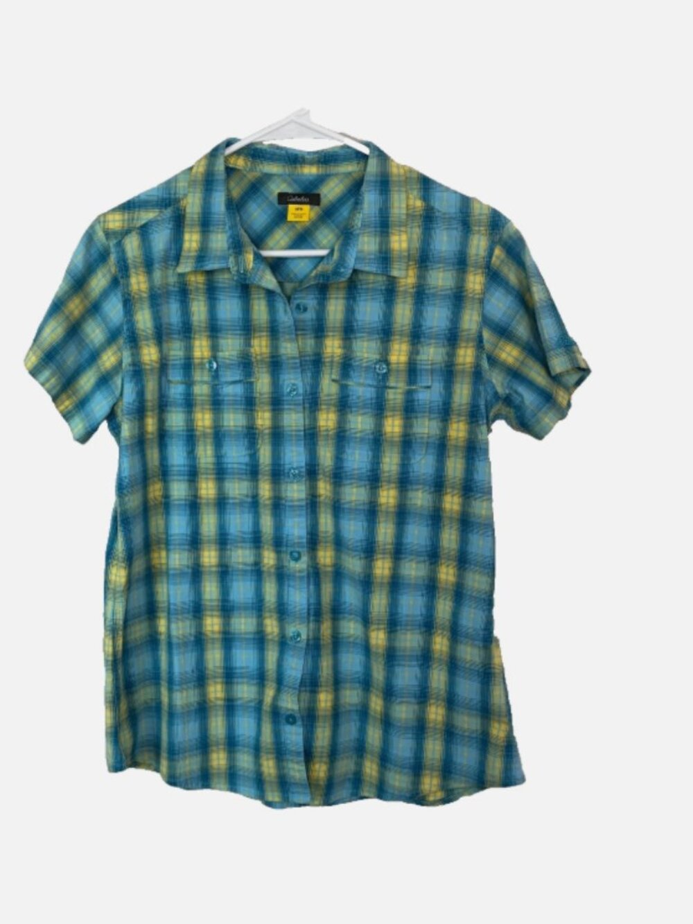 Cabela’s Women’s Medium Plaid Button Up Shirt Blue Yellow Short Sleeve Outdoor